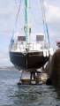 French yacht Douze (14) being craned out of St Peter Port harbour 22-08-14 Pic by Tony Rive (1).jpg