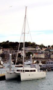 Catamaran Vaares that the Lifeboat towed into St Peter Port 25-05-16 Pic by Tony Rive