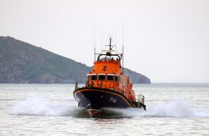 Pic by Tony Rive 06-05-16 Lifeboat Spirit of Guernsey returning to St Peter Port harbour after picking up two young French People who got into Trouble in their Dingy off Brecqhou Island. They were picked up from Brecqhou Harbour and bought back to St Peter Port to be checked out by St John Ambulance Personnel. Although Cold and Wet, neither had any injuries.