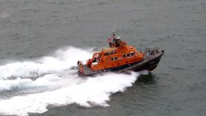 Pic by Tony Rive 21-08-16 Lifeboat Spirit of Guernsey returning to St Peter Port after attending the Sark Sea Church service in Creux Harbour, with Flying Christine III